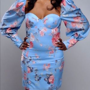 NEW Blue Floral Print Long Sleeve Mini Dress